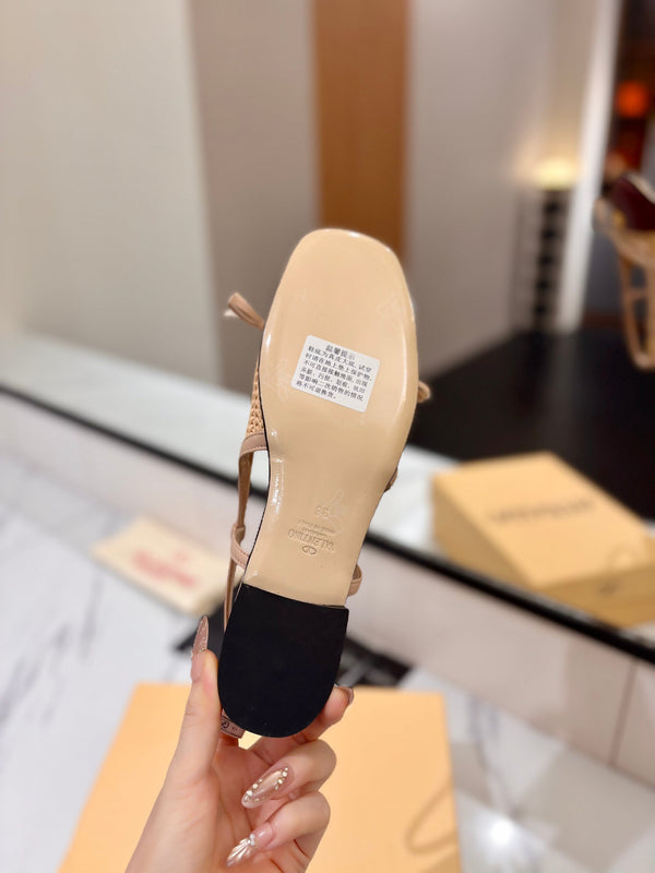 VLTN 26s Valet Du Roi Slingback Flats Beige Burgundy Raffia Leather 985453