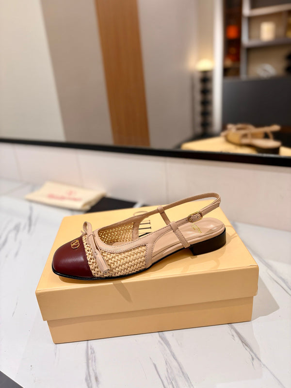 VLTN 26s Valet Du Roi Slingback Flats Beige Burgundy Raffia Leather 985453