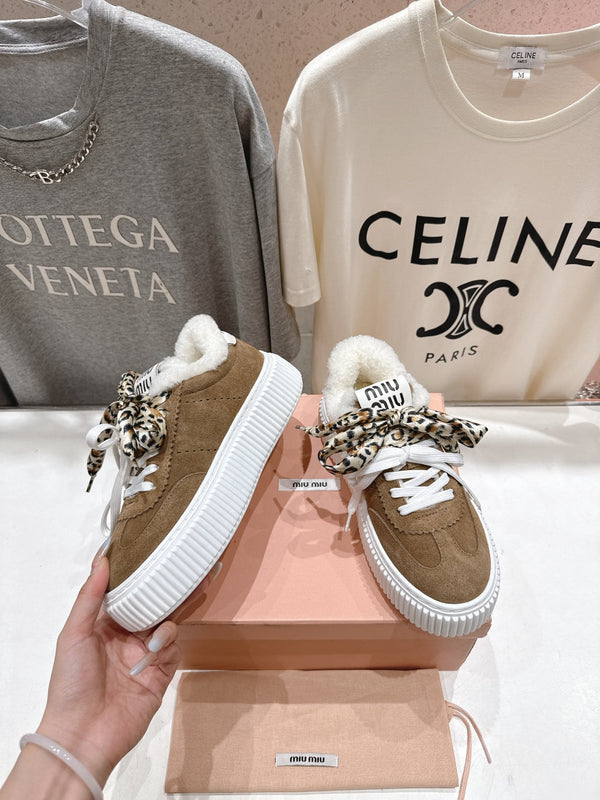 MiuMiu 25 Sneaker Brown White Leopard Suede Wool 535581