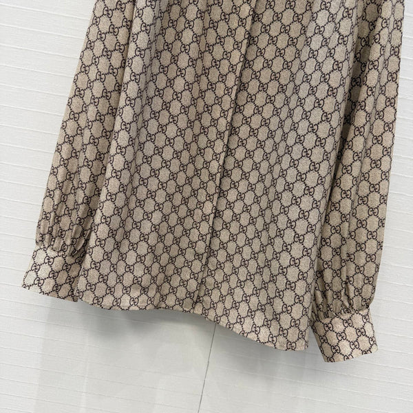 GG 26S Shirt GG Print Ruffle Collar Beige Brown Silk 428587