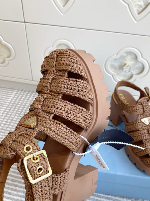 Prad 26s Fisherman Platform Sandals 8.5cm Brown Raffia 122239