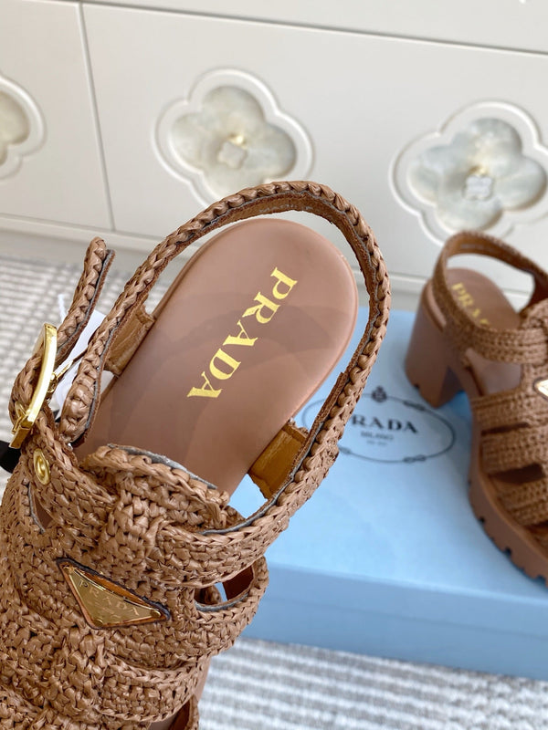 Prad 26s Fisherman Platform Sandals 8.5cm Brown Raffia 122239