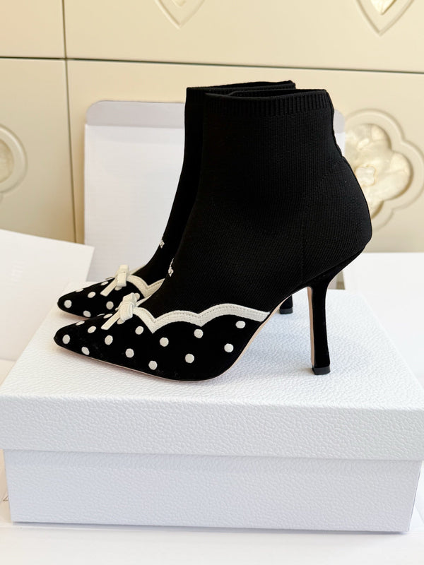 CD 26s Knit Sock Ankle Boots Black Polka Dot Knit Velvet 122079