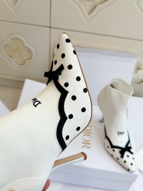 CD 26s Knit Sock Ankle Boots White Polka Dot Knit Velvet 122080