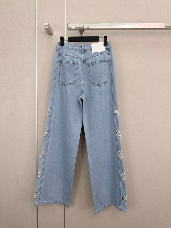 CC 26s Camellia Lace Straight-Leg Pants Washed Blue Denim 407854