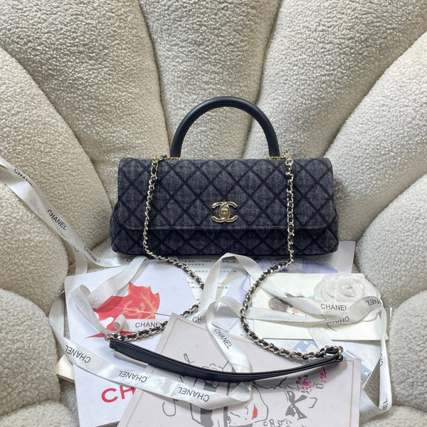 CC Maxi Flap Bag with Top Handle 31cm Black Denim
