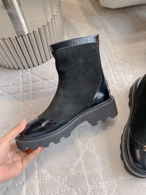 CC New Platform Ankle Boots Black Suede Glossy Sheepskin