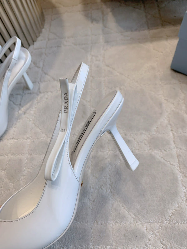 Prada 26s Open-Back High Heels White Patent Leather 615388