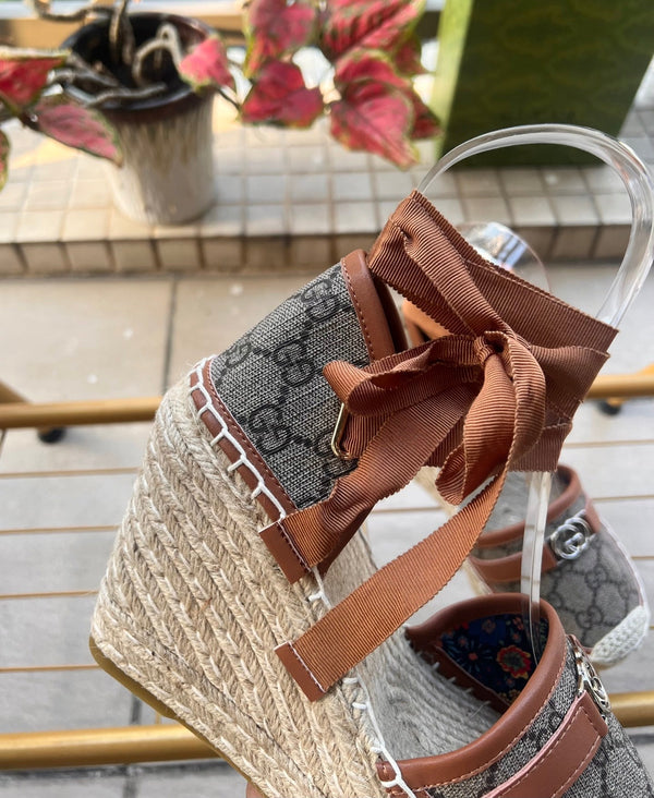 GG 26ss Platform Wedge Sandals 10cm Coffee Brown Straw Canvas 692210