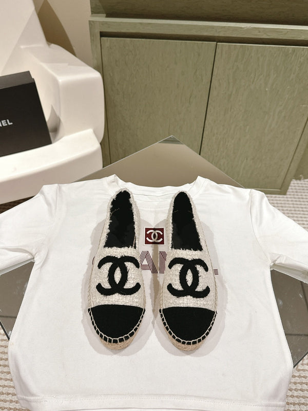 espadrilles white tweed black canvas