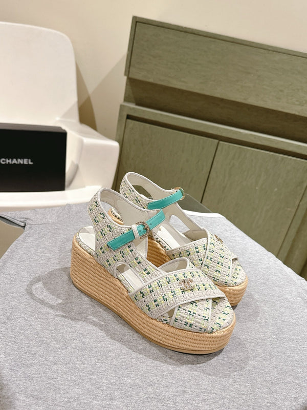 CC 25ss Espadrille Sandals 85mm Greenish-Blue Colorful Tweed Cowhide 462245