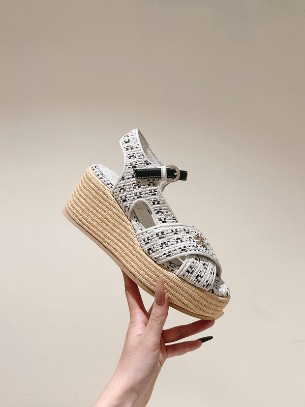 CC 25ss Espadrille Sandals 85mm Black Colorful Tweed Cowhide 462246
