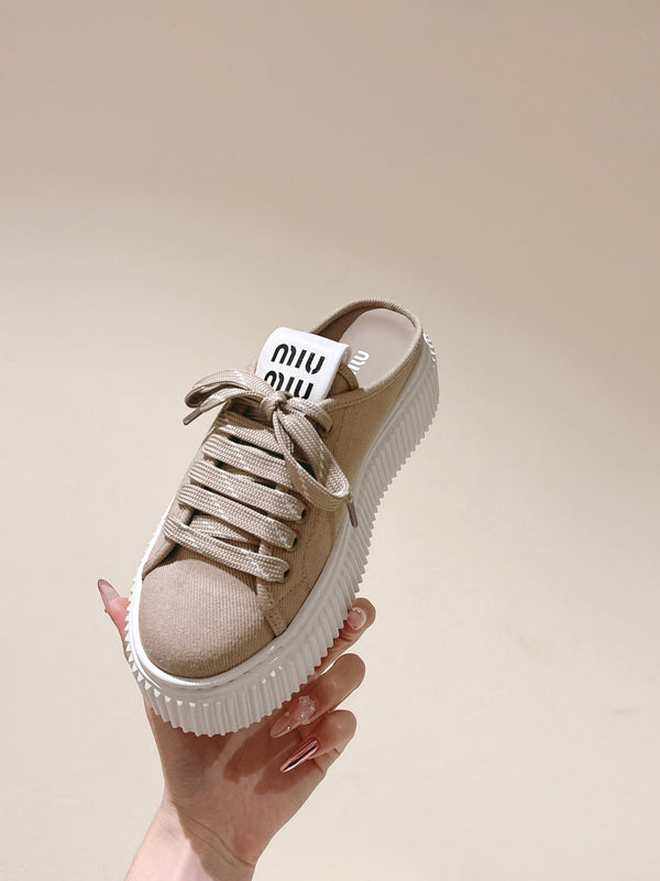 Miu Miu Biscuit Shoes Platform Mules Beige Denim Canvas 532873