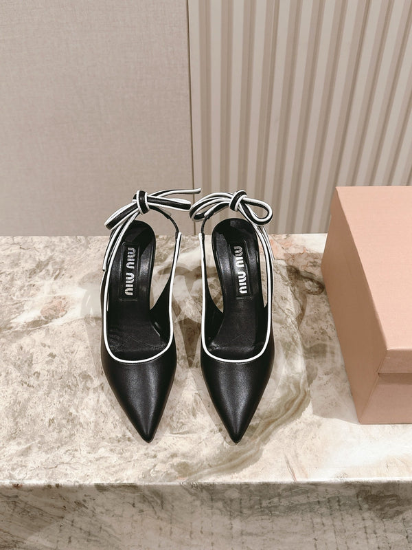 Miu Mordoré Pointed Toe Slingback Pumps 85mm Black Cowhide Sheepskin 445788