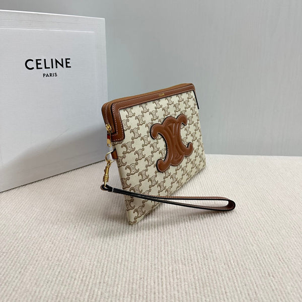 SMALL POUCH 25 IN BEIGE TRIOMPHE TEXTILE AND BROWN CALFSKIN