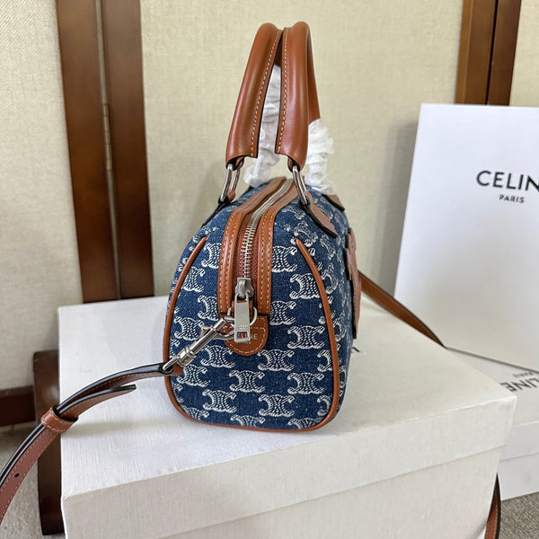 SMALL BOSTON 19 IN SPACE BLUE TRIOMPHE DENIM AND BROWN CALFSKIN TRIM
