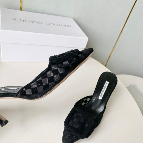 Manolo Mules Latest Checkerboard Black Fabric Leather 528010