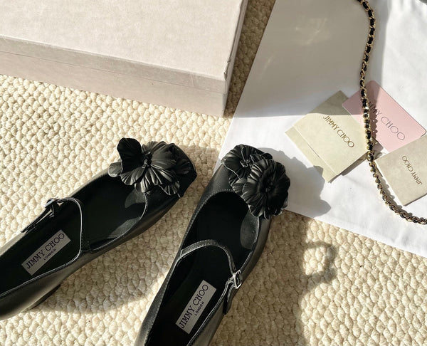 Jimmy Choo Skye Corsage Ballet Flat Black Sheepskin 669845