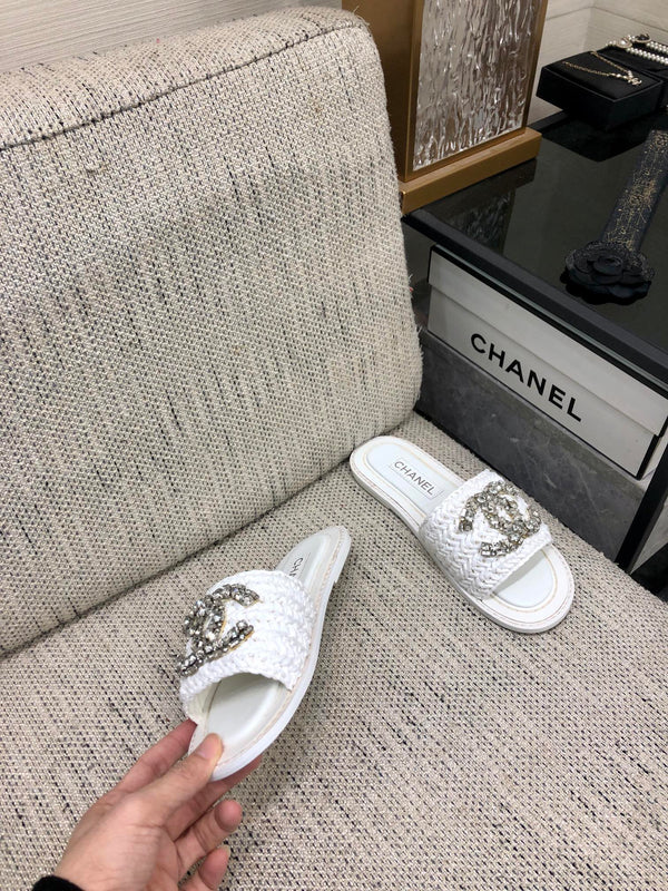 CC Flat Slides White Braided Raffia Crystal Embellished 688666