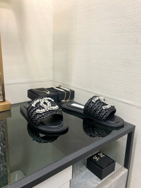 CC Flat Slides Black Braided Raffia Crystal Embellished 688668