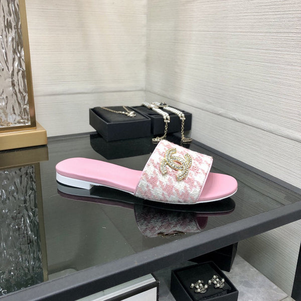 mule sandal pink white houndstooth fabric