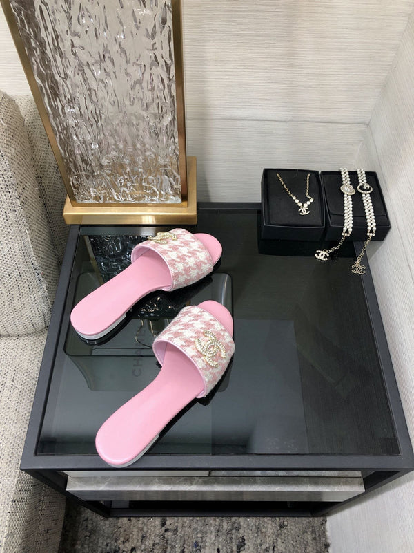 mule sandal pink white houndstooth fabric