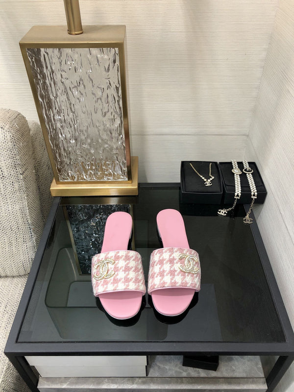 mule sandal pink white houndstooth fabric