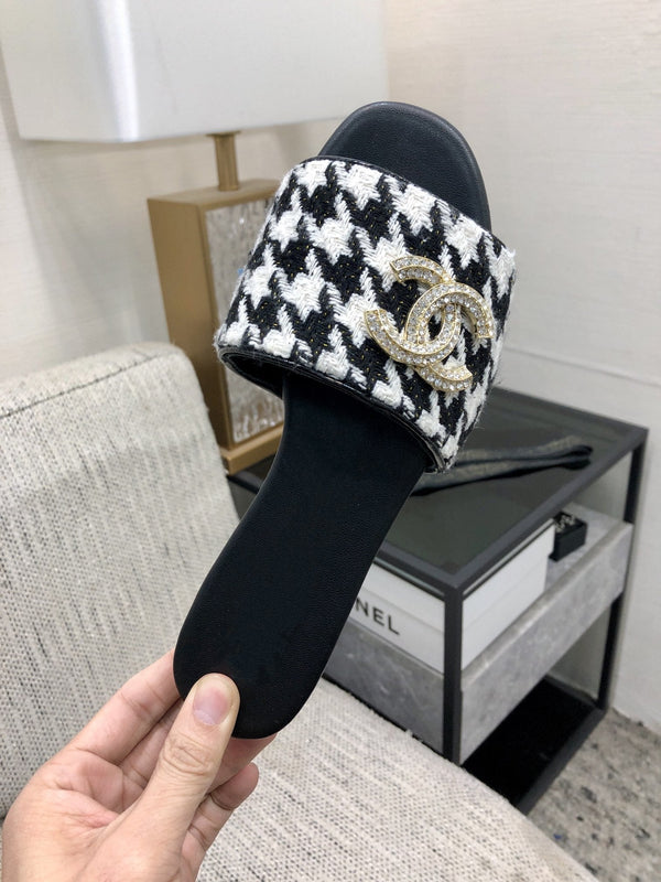 mule sandal black white houndstooth fabric