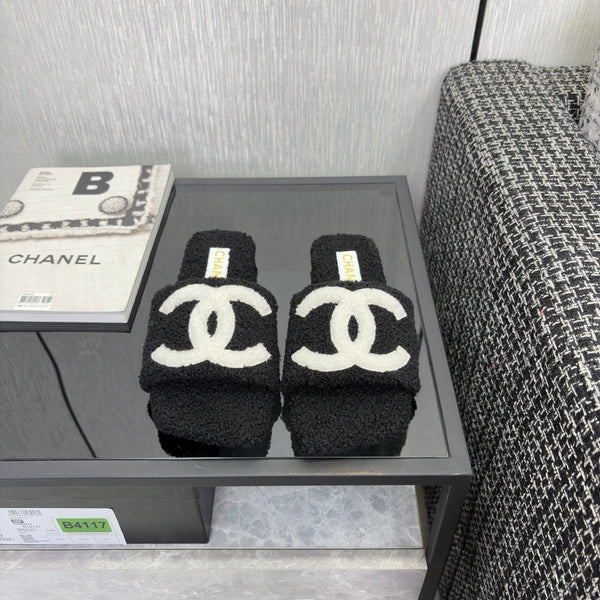 CC 26s Shearling Square Toe Sandals Black White Wool 128094