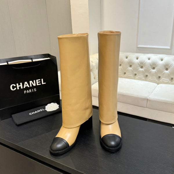 CC 26s Chunky Heel Trouser Boots Black Beige Sheepskin 673037