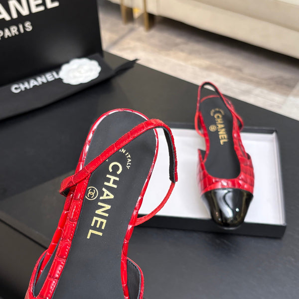 CC 26s Classic Slingback Flat Black Red Crocodile Embossed Patent Leather 907634