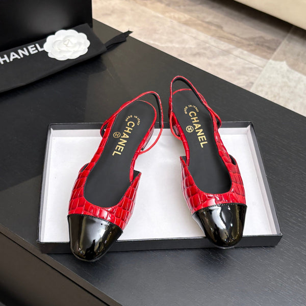 CC 26s Classic Slingback Flat Black Red Crocodile Embossed Patent Leather 907634
