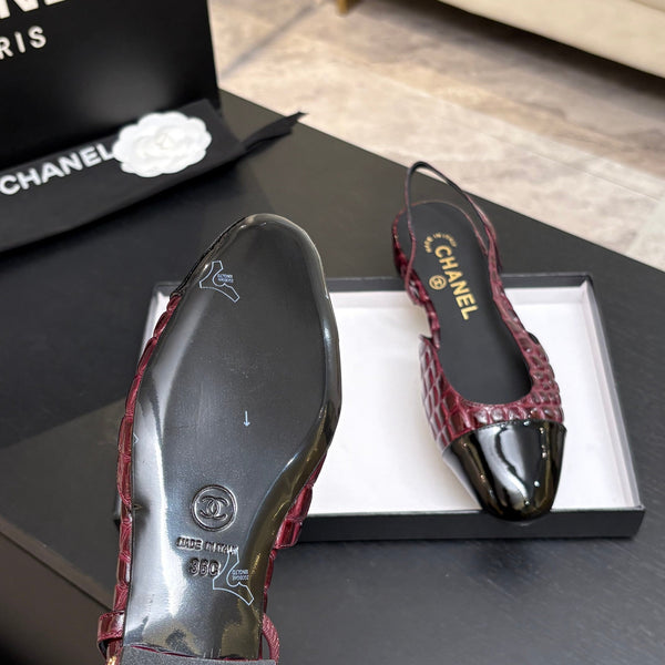 CC 26s Classic Slingback Flat Black Burgundy Crocodile Embossed Patent Leather 907635
