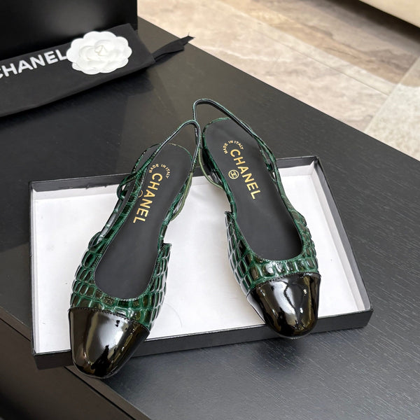 CC 26s Classic Slingback Flat Black Green Crocodile Embossed Patent Leather 907638