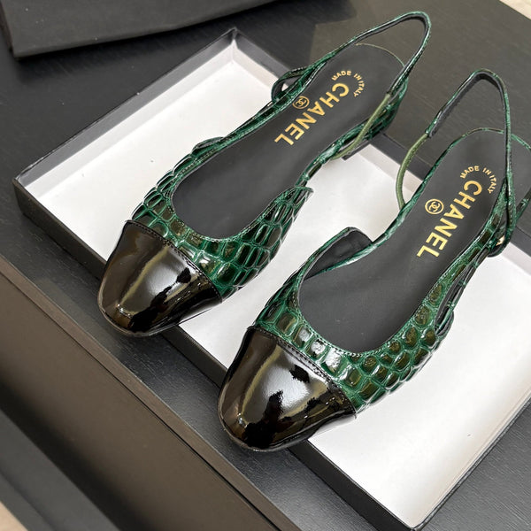 CC 26s Classic Slingback Flat Black Green Crocodile Embossed Patent Leather 907638