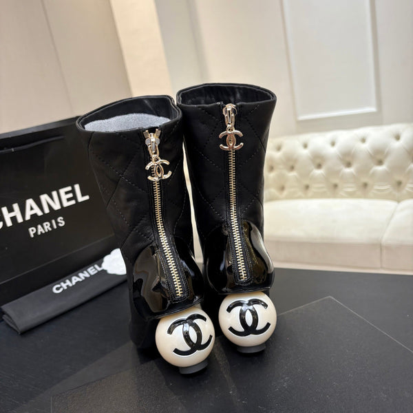 CC 26s Mid-Calf Pearl Boots 6.5CM Black Quited Calfskin 957731