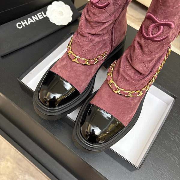 CC 26s Combat Boots Quilted Burgundy Suede Black Patent Calfskin 957757