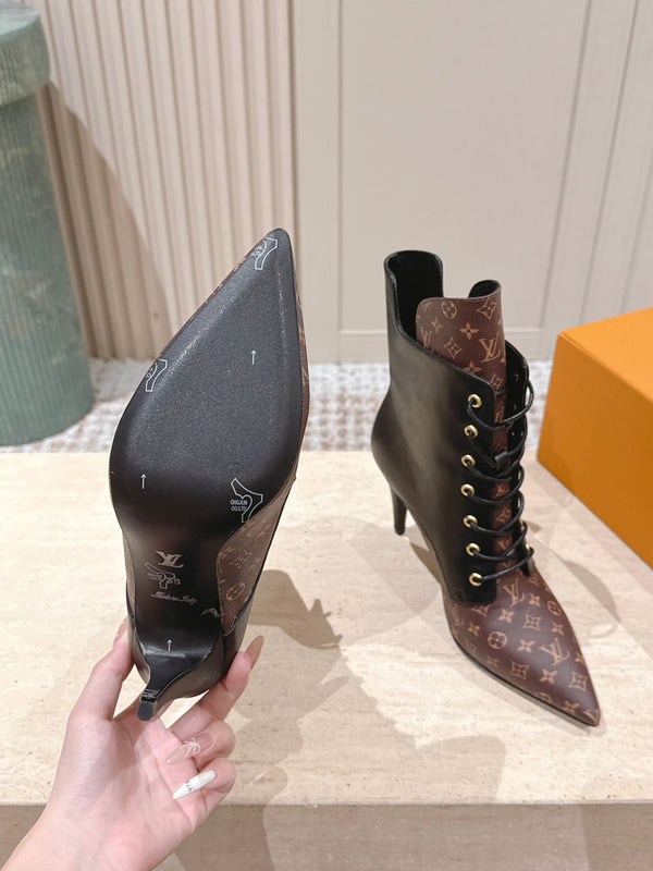 LV AW25 Ankle Boot Black Plain Calf Leather & Brown Monogram Canvas 555617