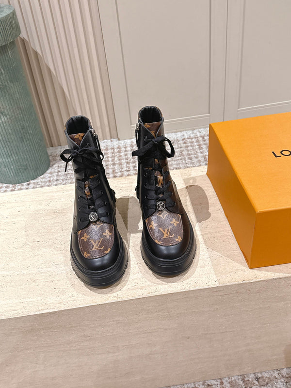 LV Squad Lace-up Ankle Boot 5cm Black Cowhide Monogram Canvas