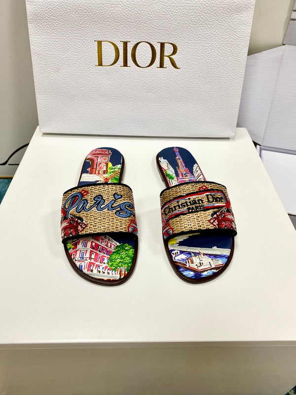 CD 26s Embroidered Sandals Beige Multicolor Canvas Leather 683009