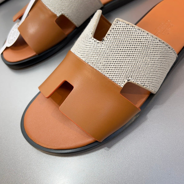 HM Oran Slippers in Brown and Grey Cowhide mix Canvas 735632