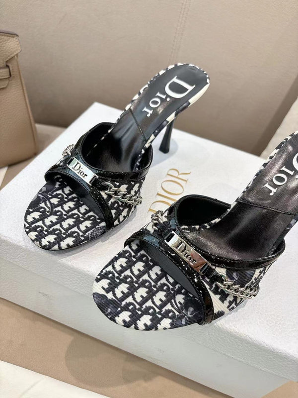CD 26s Open Toe Mules 8.5cm White Black Oblique Canvas Chain Leather 116940