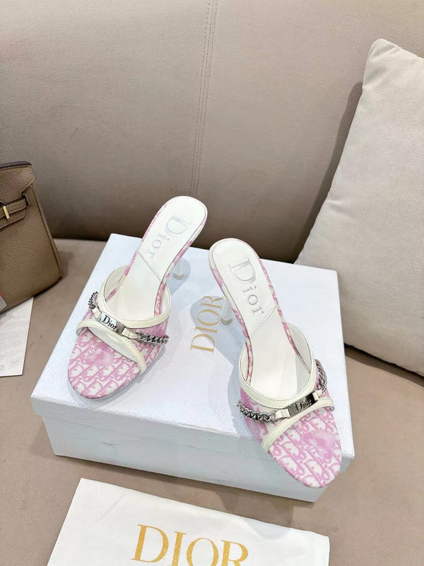 CD 26s Open Toe Mules 8.5cm Pink Oblique Canvas Chain Leather 116941