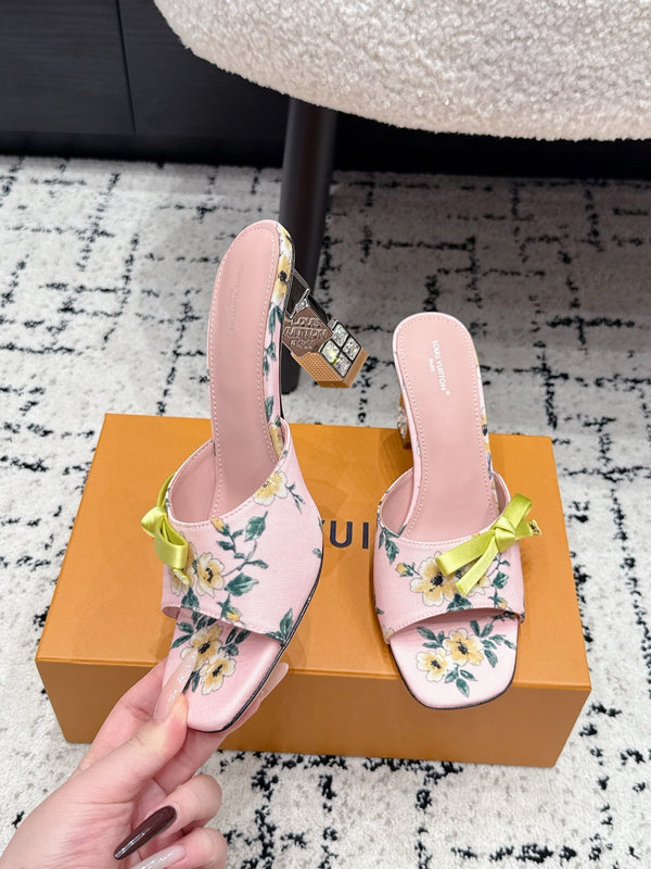 LV Cube Mules 7cm Pink Yellow Silk Fabric Sheepskin 880434