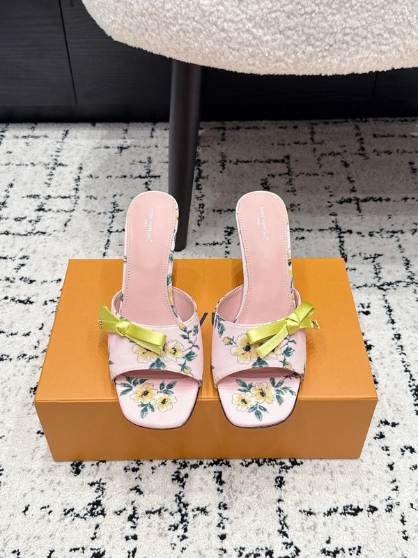 LV Cube Mules 7cm Pink Yellow Silk Fabric Sheepskin 880434