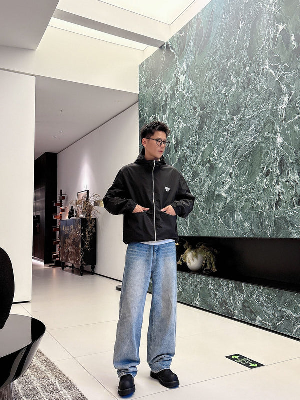 Prada Men’s Logo-Plaque Hooded Windbreaker Black Nylon