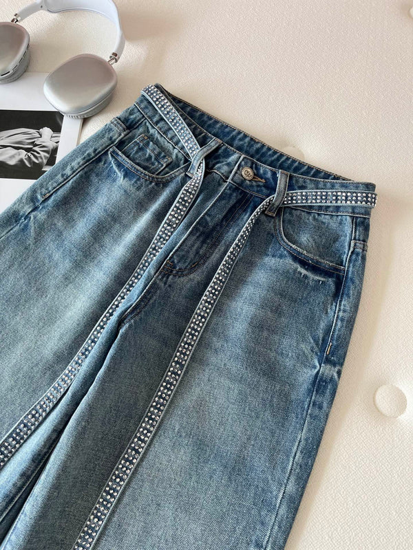 CC Rhinestone Belt Wide-Leg Jeans Blue Denim 351177