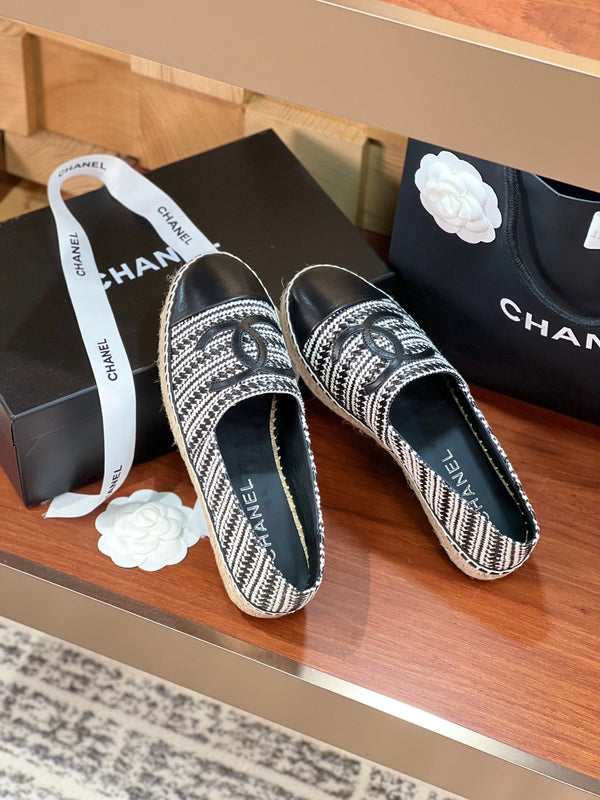 cc espadrilles black white woolen cloth black lambskin