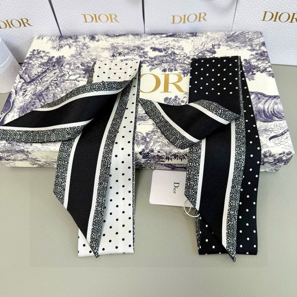 CD Twilly Mini Scarf 105cm Black White Mulberry Silk 957050