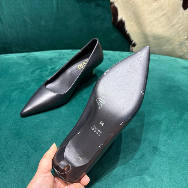 GG Pointed-Toe Slingback Black Leather 741256